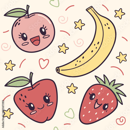 Cute kawaii fruits apple banana strawberry with stars and hearts pattern