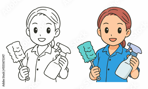 woman cleaning worker coloring page for kids