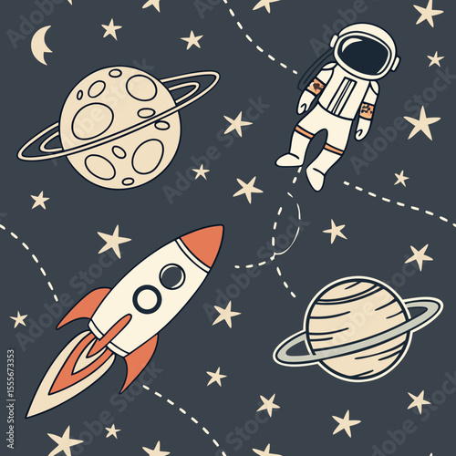 Cute cartoon astronaut floating in space with rocket and planets among stars