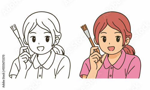 woman holding paint brush coloring page for kids