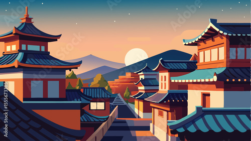 A scenic view of asian architecture during a sunset setting landscape illustration