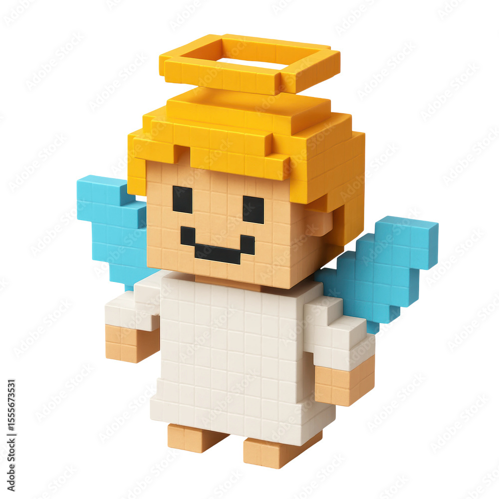 Naklejka premium A charming pixel art angel character with a happy smile, golden halo, and light blue wings, rendered in a blocky 3d style. Ideal for digital designs or holiday themes.
