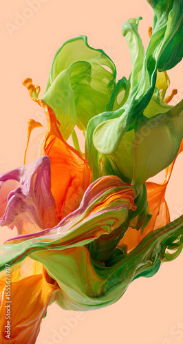 A vibrant splash of green, orange, and pink paint creates a dynamic abstract design