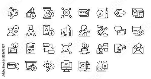 Internet Marketing icons. Internet Marketing line icons collection. Padlock, Sand Clock, Investment, Search, Bill, Account, Calculator, Idea, Development,  Stroke isolated vector on white background.