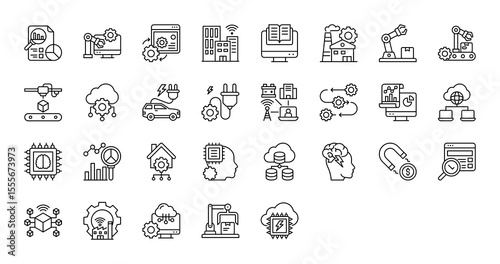 Iot icons. Iot line icons collection. Analytic, Plug, Car, Chart, Building, Machine Learning, Automation, Smart City, Library, Industry, Production,  Stroke isolated vector on white background.