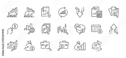 Economy icons. Economy line icons collection. Bullish, Bearish, Report, Decrease, Calculator, Search, Analytics , Currency, Pie Chart, Profit stroke isolated vector on white background.