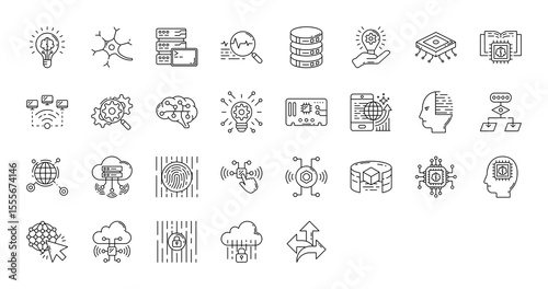 Future Technology icons. Future Technology line icons collection. Finger, Space Ship, Eye, Robot Arm, Virtual Reality, Drone, Smart Car, Ar Glasses, Process stroke isolated vector on white background.