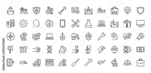 Engineering icons. Engineering line icons collection. Technician, Wrench, Gear, Development, Shield, Scale, Suitcase, Ruler, Repair, Wheel, Voltage, Brain stroke isolated vector on white background.