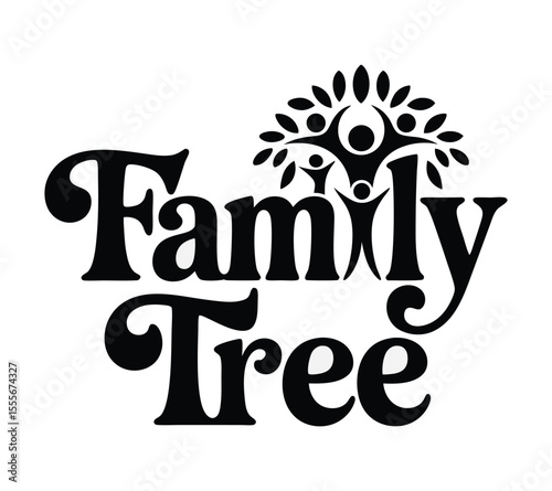 Family Script Lettering with Happy People Symbol, Vector Logo On White Background
