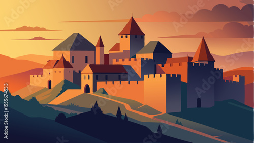 A view of a castle sitting atop a hill at dusk or dawn time landscape illustration