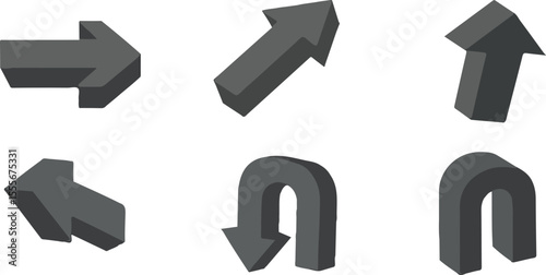3D Arrow Vector Set Dark Gray Directional Arrows with U Turns and Diagonal Pointers for Navigation and Design