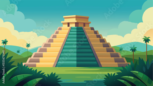 A pyramid in a tropical area with palms and a bright sky landscape illustration