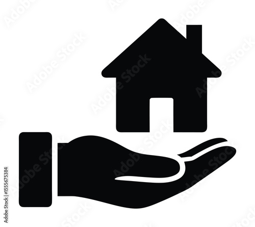 Real Estate and Property Icon, Vector Silhouette of Hand Holding a House for Mortgage and Sales On White Background
