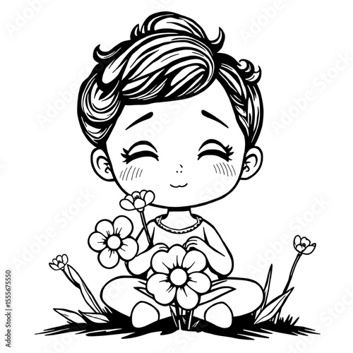 cute child with flowers coloring page for mindfulness
