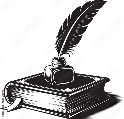 Vintage Quill and Book Vector Classic Writing and Literature Symbol
