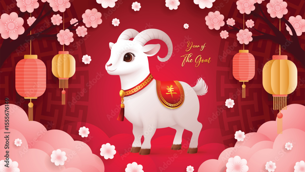 Naklejka premium Year of the Goat 2027, Cute 3D goat decorated with plum blossoms and clouds in elegant paper cut style. Translation : Goat