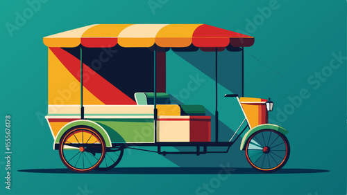 Colorful vendor cart with awning against a teal background landscape illustration