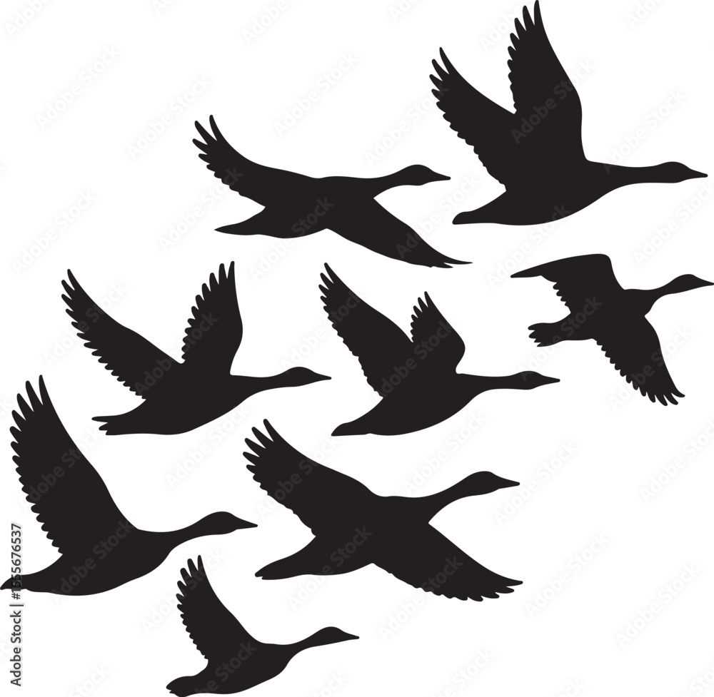 Obraz premium Silhouette of Geese Flying in Formation Against a Neutral Gray Background