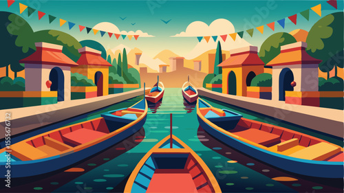 Boats on a canal with buildings and flags in a bright setting landscape illustration