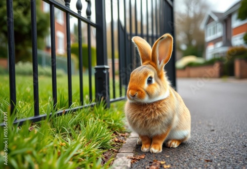 Fluffy bunny sits patiently by a wrought iron gate on a quiet residential street,   sunshine,   town