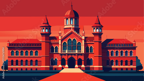 A striking red building with towers and arches against red sky landscape illustration