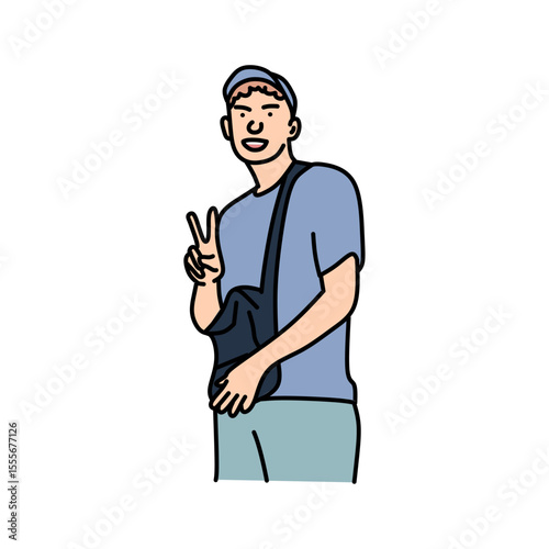 Cute cartoon design of a man with two finger raising pose. Vector cartoon design