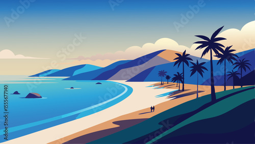 A scenic view of a beach with palm trees and distant mountains landscape illustration