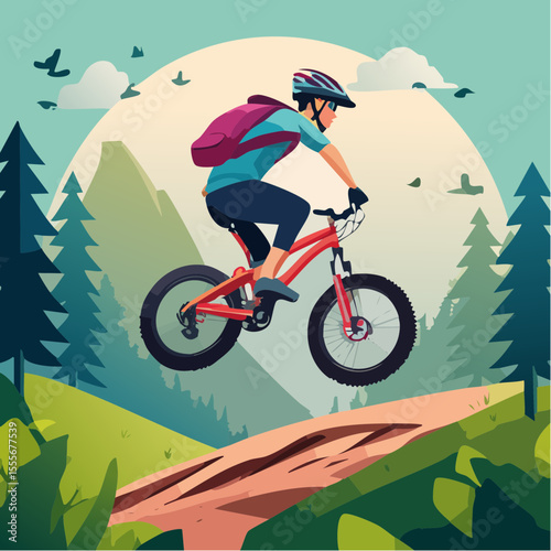 mountain biker mid-jump on a forest trail, dynamic pose, dust trail