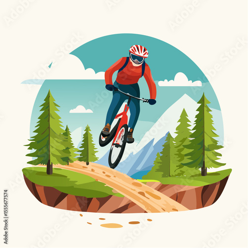 mountain biker mid-jump on a forest trail, dynamic pose, dust trail