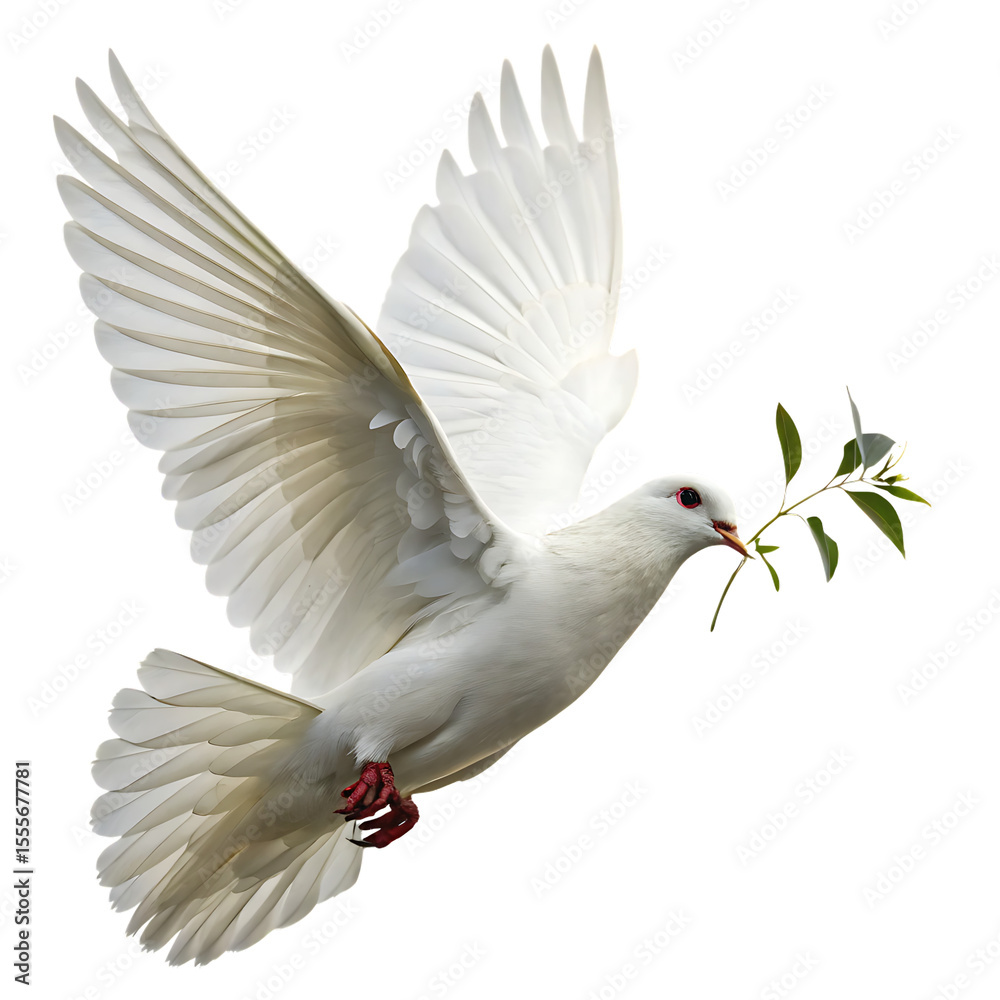 Obraz premium A beautiful white dove, a symbol of peace, flying with an olive branch isolated on a transparent background png