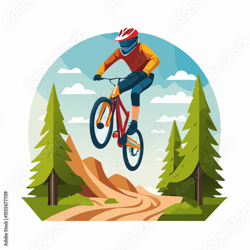 mountain biker mid-jump on a forest trail, dynamic pose, dust trail