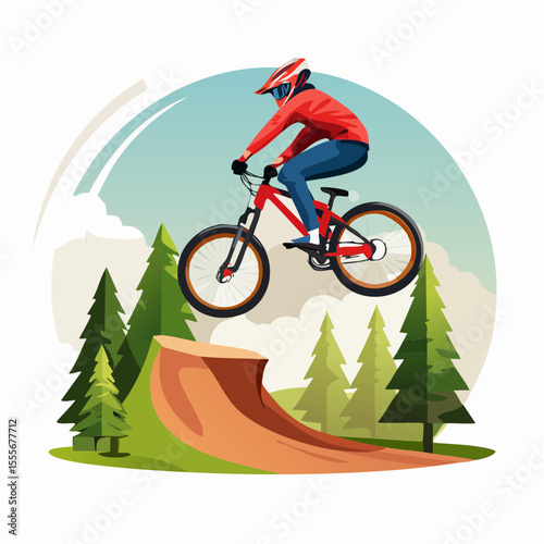 mountain biker mid-jump on a forest trail, dynamic pose, dust trail