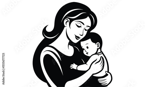 A tender black and white illustration of a mother lovingly holding her baby close capturing a moment of pure maternal affection and connection