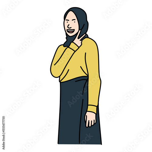Cute cartoon design of a hijab women with two finger pose. Vector cartoon design