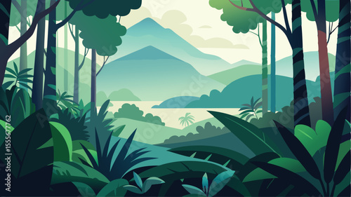 A view of mountains and water through a dense green forest landscape illustration