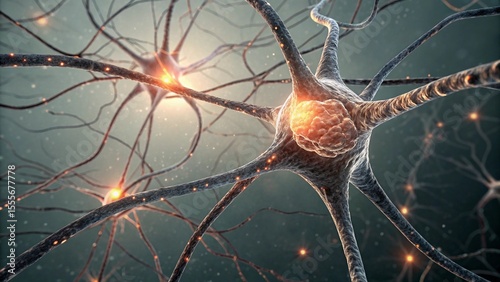 Glowing Nerve Cell in Complex Neural Network, Hyperrealistic 3D Anatomy