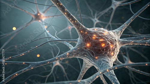 Glowing Nerve Cell in Complex Neural Network, Hyperrealistic 3D Anatomy