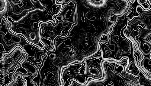 Seamless pattern inspired by physical geography and terrain relief. Abstract black and white topographic map illustration in vector style.