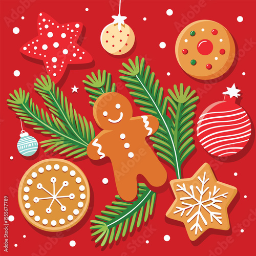 Red Christmas gingerbread background. Xmas design with winter cookies, fir branches, snowflakes and snow. Empty space for your text. Template for cards, banner, poster.
