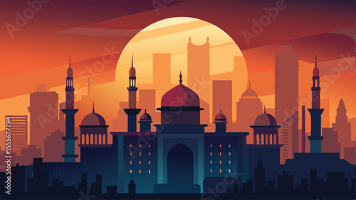 Cityscape with mosque and sunset in warm color palette view landscape illustration