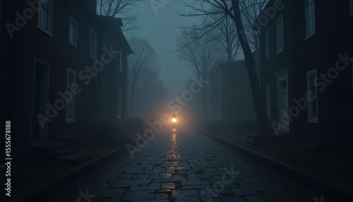 Foggy Street with Lamp, Dark Buildings