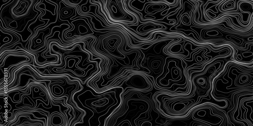 Seamless pattern inspired by physical geography and terrain relief. Abstract black and white topographic map illustration in vector style.