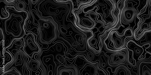 Seamless pattern inspired by physical geography and terrain relief. Abstract black and white topographic map illustration in vector style.