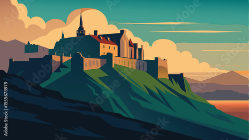 A castle atop a hill with clouds in the background at sunset landscape illustration