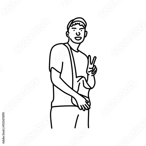 Cute line art design of a man with two finger raising pose. Vector cartoon design