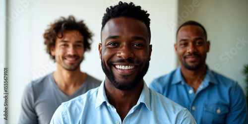 a group of people of different nationalities and skin colors sit at a table in an office and discuss about new business project