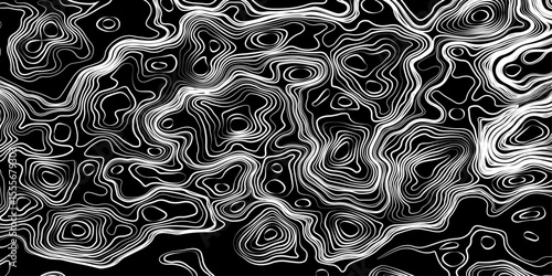 Seamless pattern inspired by physical geography and terrain relief. Abstract black and white topographic map illustration in vector style.