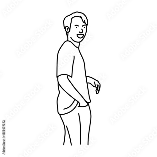 Cute line art cartoon design of a man with a smiling pose. Vector cartoon design
