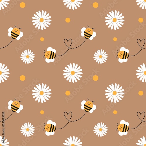 Adorable seamless pattern with flying bees, white daisies, and brown background. Kawaii design for kids' fabric, spring designs, and cute decorative projects.
