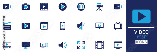 Video icon set. This collection features media, play, pause, film, movie, camera, stream, live, mute, volume, edit and more. Solid icon collection.